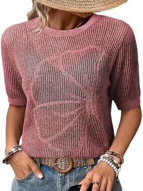 Red Short Sleeve Crochet Floral Top